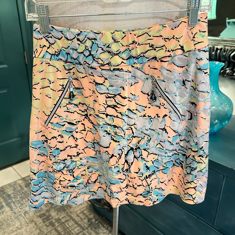 Jamie Sadock Peach/Blue Abstract Golf Skort Stretchy Lt Weight Women’s Sz 8 EUC
